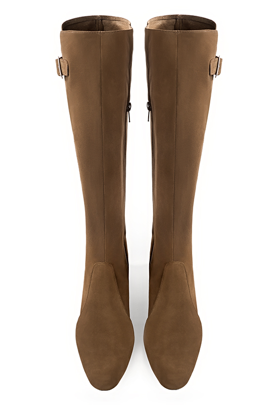 Chocolate brown women's knee-high boots with buckles. Round toe. Low flare heels. Made to measure. Top view - Florence KOOIJMAN